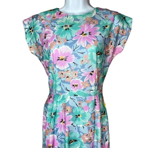 Vintage Avon Teal Pink Floral V Back Midi Dress With Mermaid Ruffle Bottom Hem - Picture 2 of 10